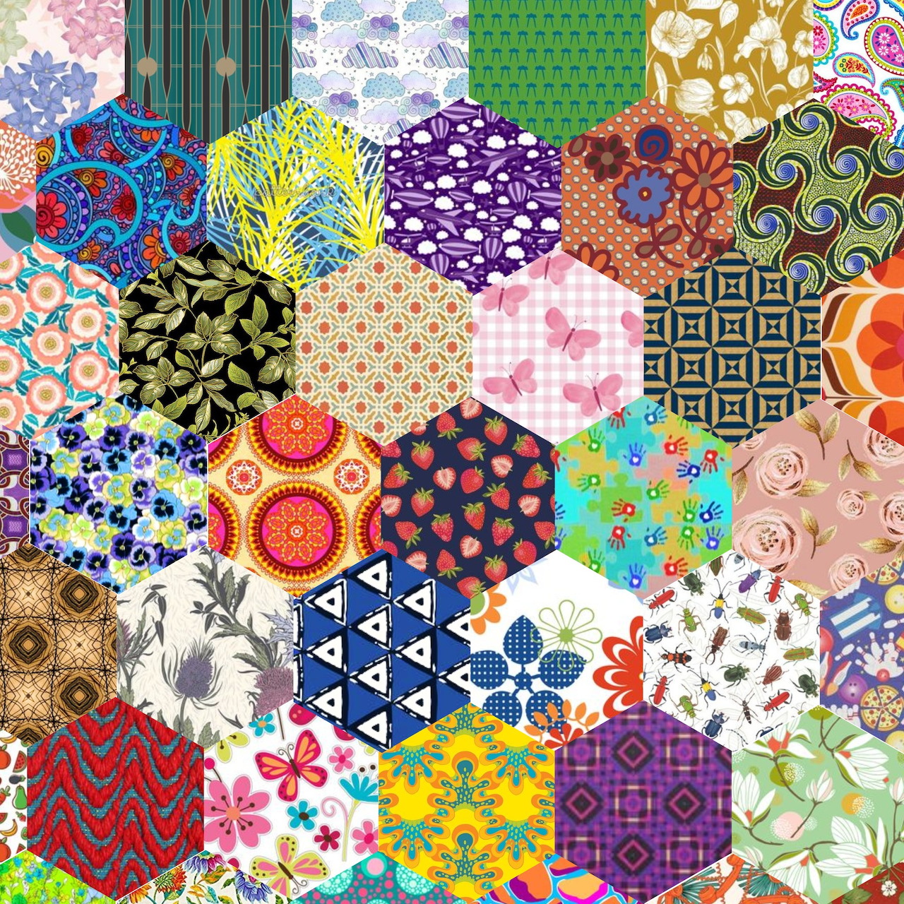 Colorful hexagonal patchwork quilt pattern with diverse floral and geometric designs