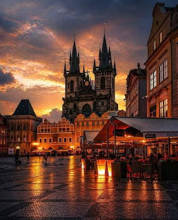 Gothic church towers silhouetted against orange sunset sky over wet plaza with historic buildings