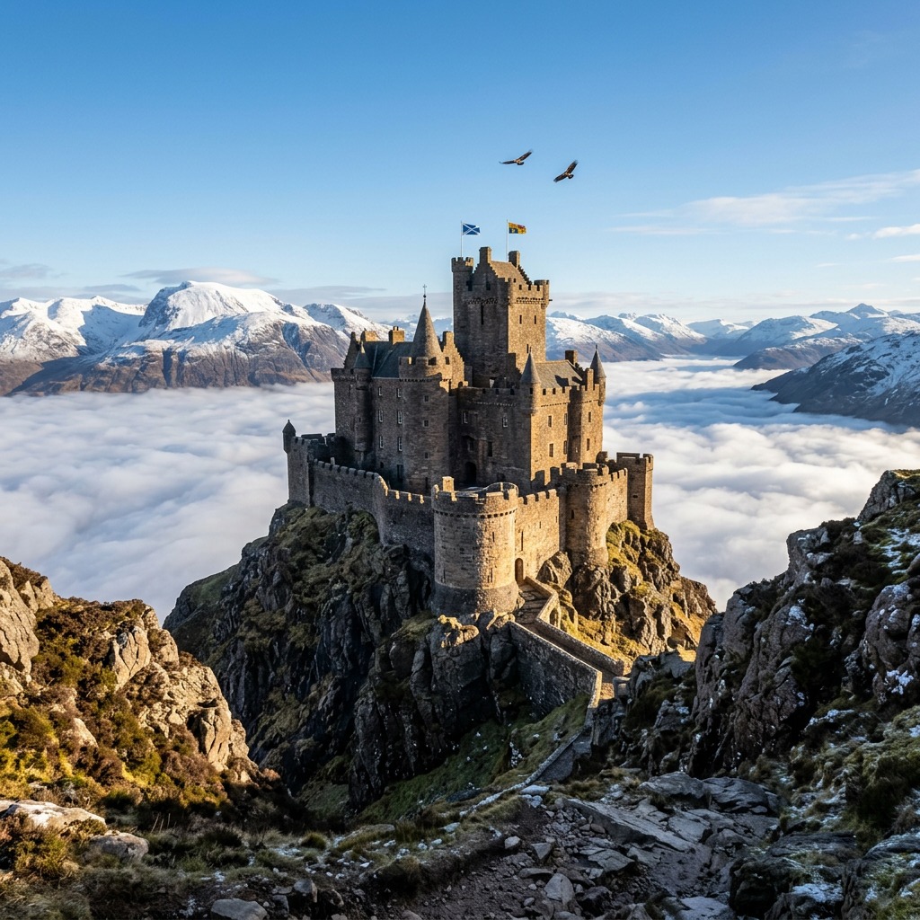 Stone castle on a rocky mountain peak above clouds with snowy mountains behind