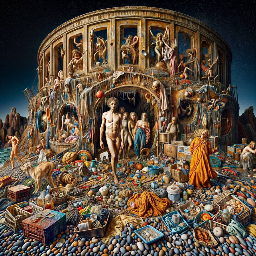 Surreal fantasy scene with ornate amphitheater, multiple figures, and scattered objects in a dreamlike setting