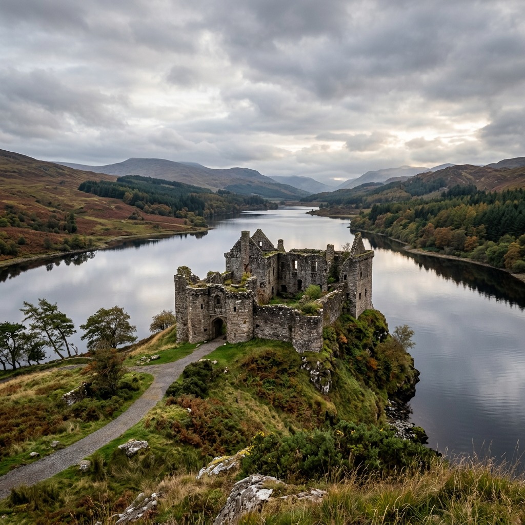 Medieval castle ruins on peninsula in Scottish loch under cloudy sky