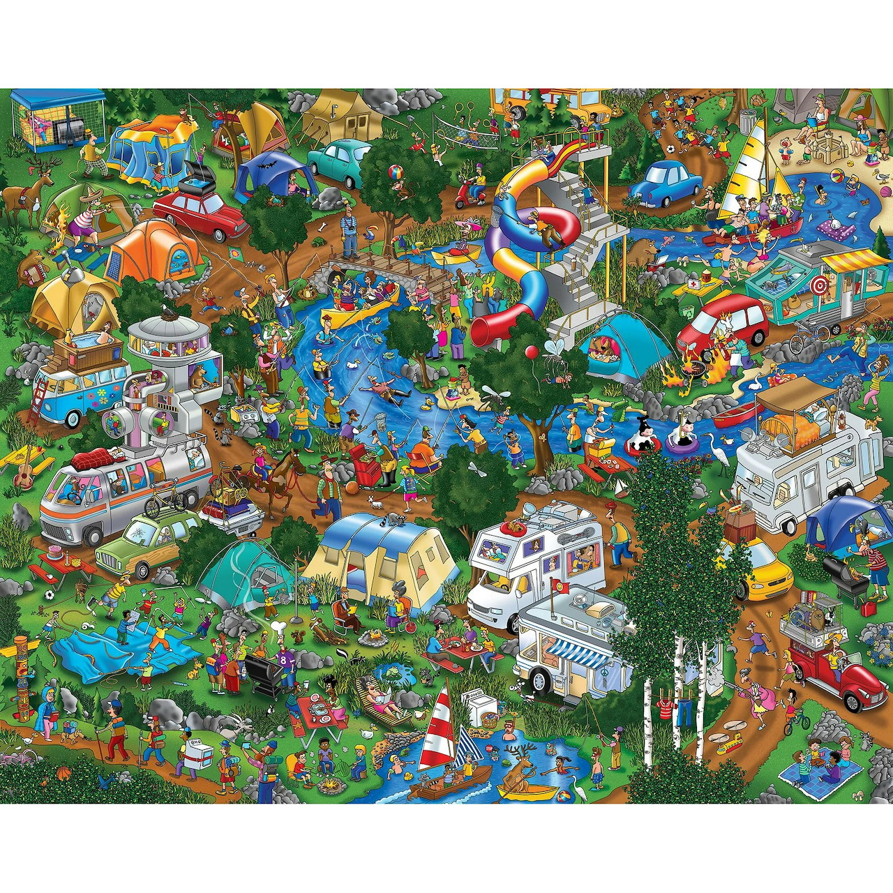 Detailed illustration of a busy campground with tents, RVs, people camping, and outdoor activities