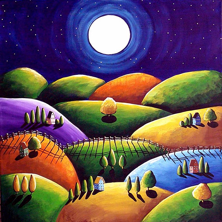 Folk art painting of rolling hills with full moon and stars in vibrant colors
