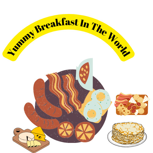 Illustrated breakfast plate with eggs, bacon, sausages, waffles and pancakes on white background
