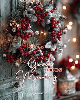 Christmas wreath with red berries, pine cones, and frosted branches on a wooden door with warm lights