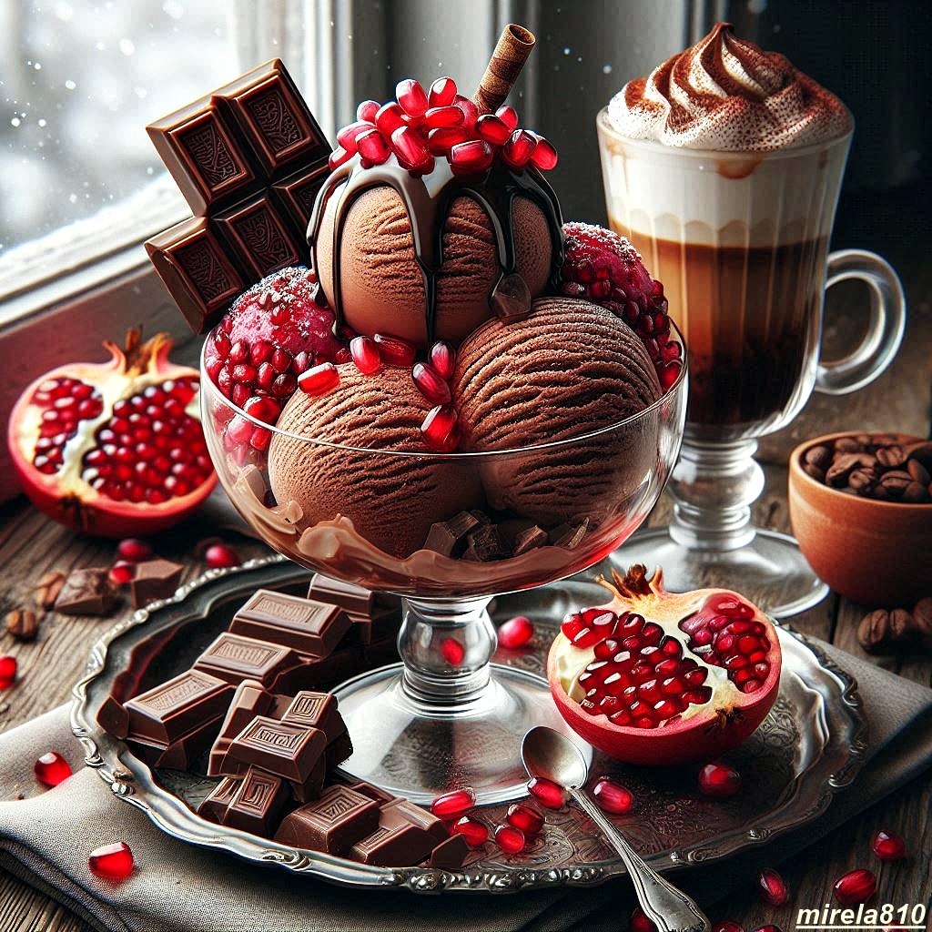 Chocolate macarons topped with berries, pomegranate pieces, and a layered coffee beverage on elegant serving stands