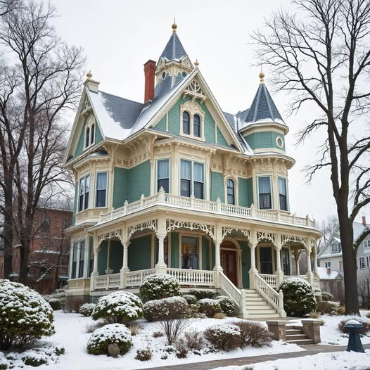 Ornate pale blue Victorian house with snow-covered bushes and bare trees