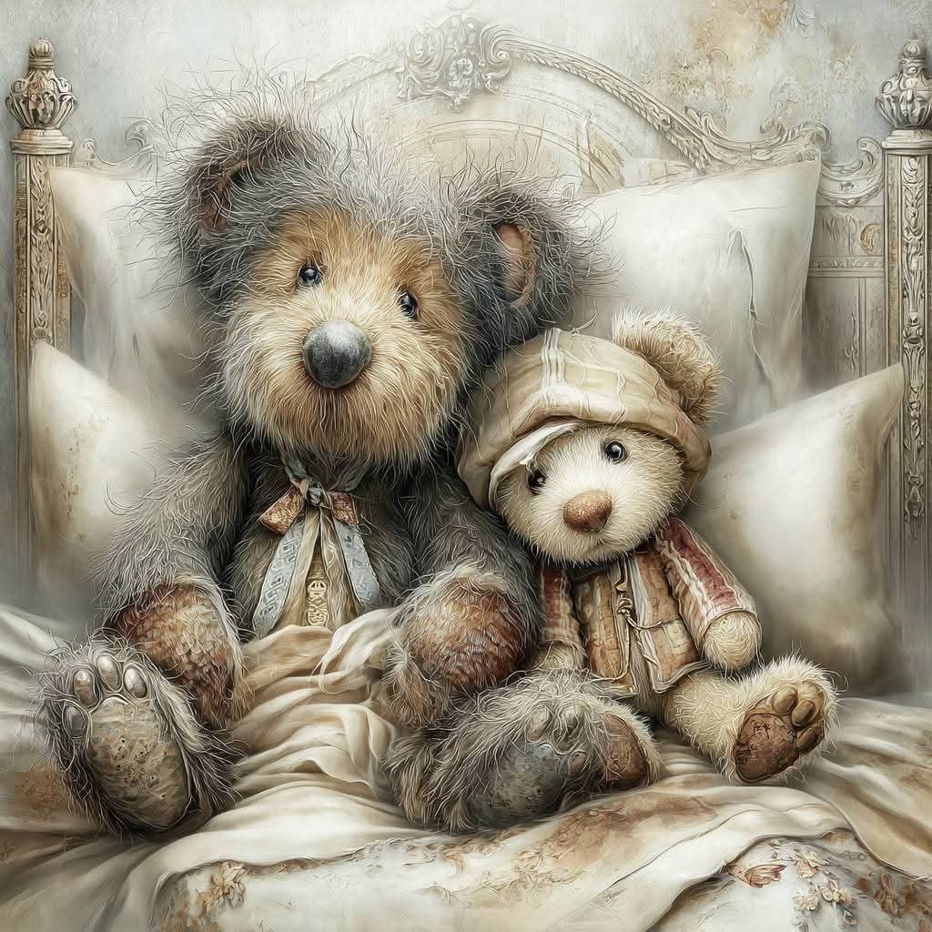 Illustration of two teddy bears sitting together on a bed with pillows and blankets