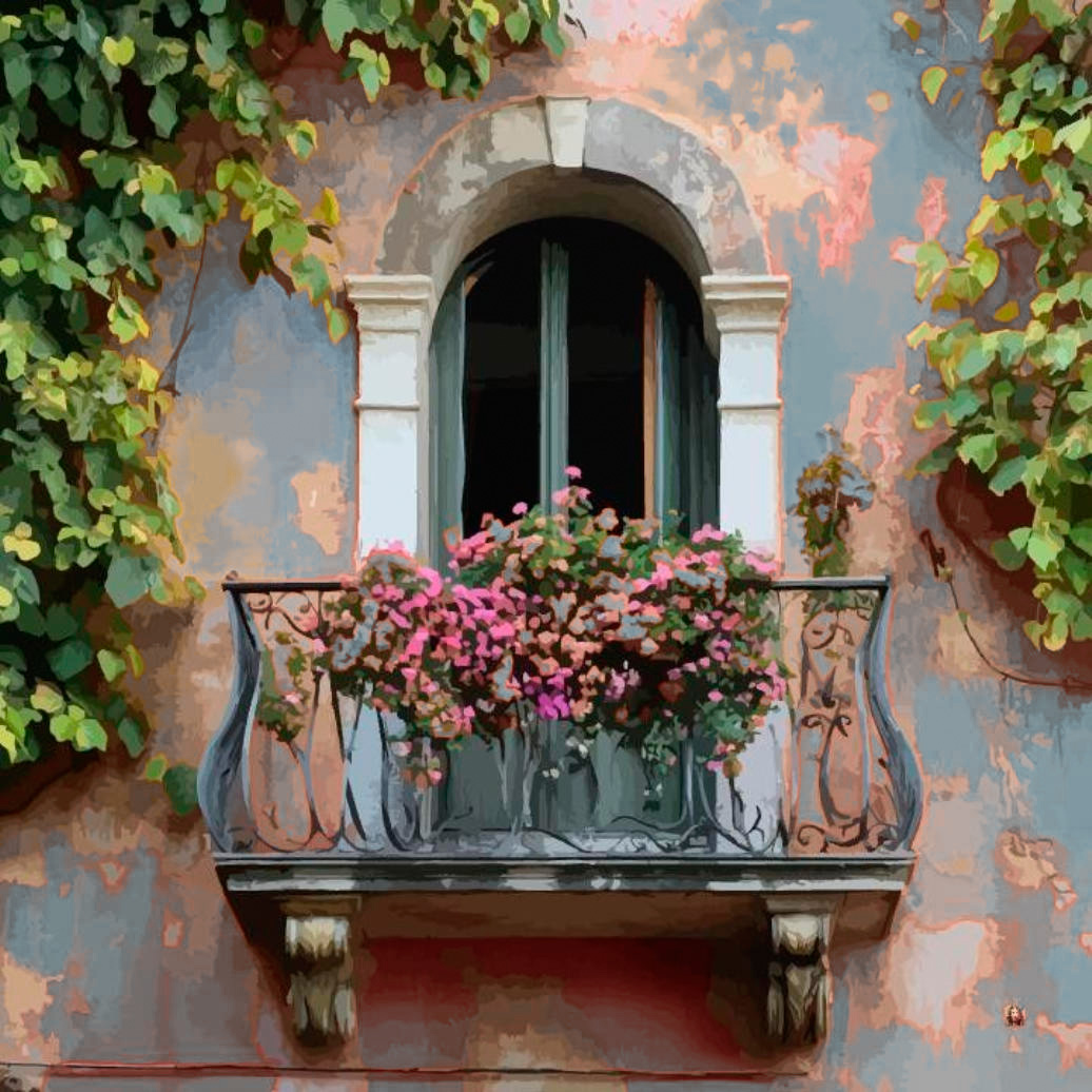 Old arched window with a flower-filled balcony and ivy on a weathered wall