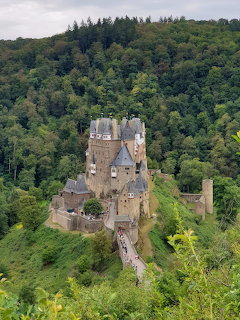 Medieval stone castle ruins with towers amid dense green forest on hillside