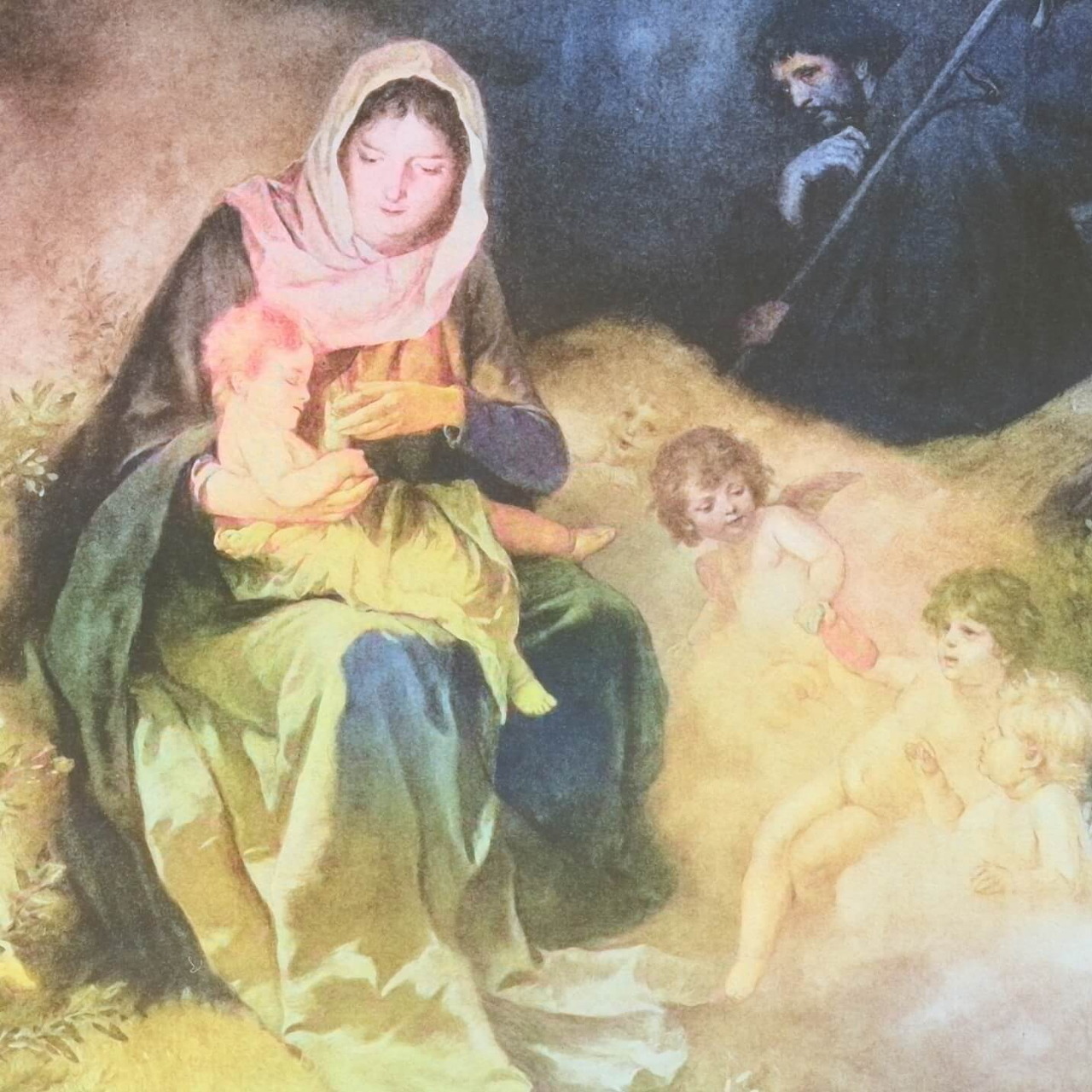 Madonna holding baby Jesus with cherubs and shepherd in glowing nativity scene painting