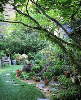 Lush garden with a stone path, potted plants, lawn, and arching tree branches
