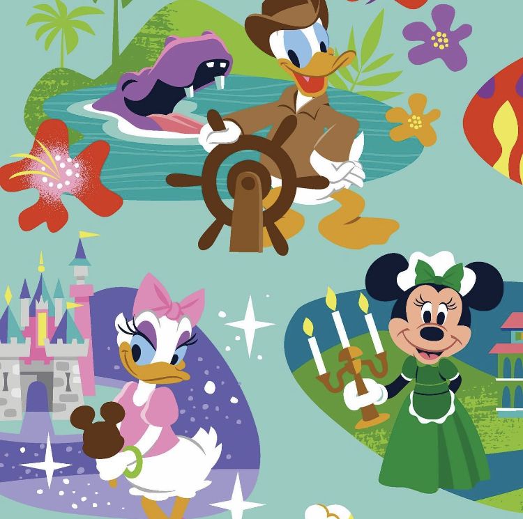 Disney characters Donald, Daisy, and Minnie in colorful theme park ride scenes with castle, flowers, and tropical elements