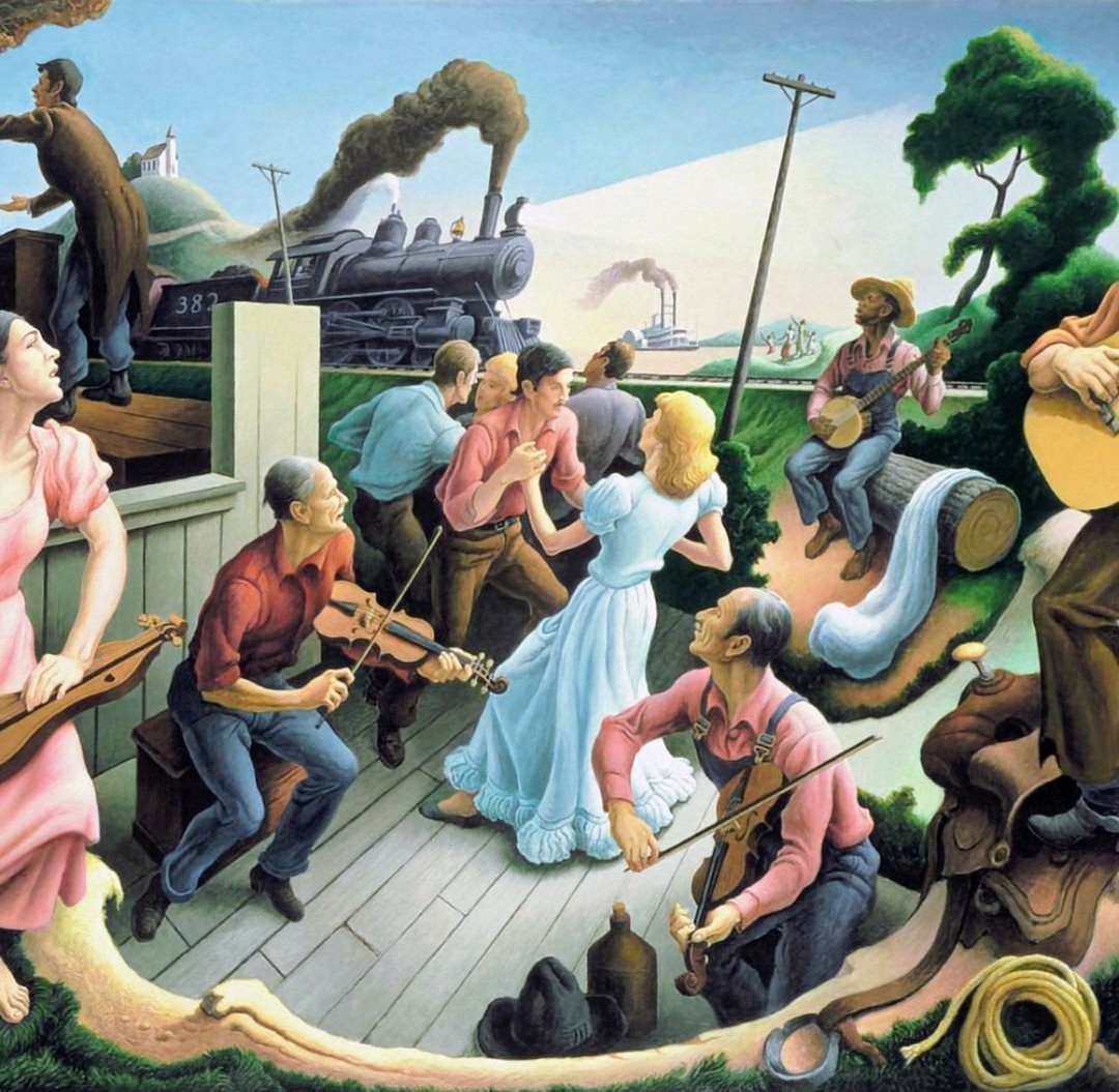 Folk musicians playing instruments on wooden porch with rural landscape background