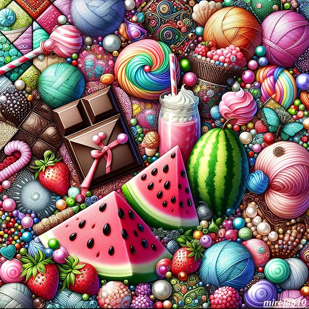 Dense collage of colorful candies, sweets, fruits, and decorative items including lollipops, chocolate, and watermelon