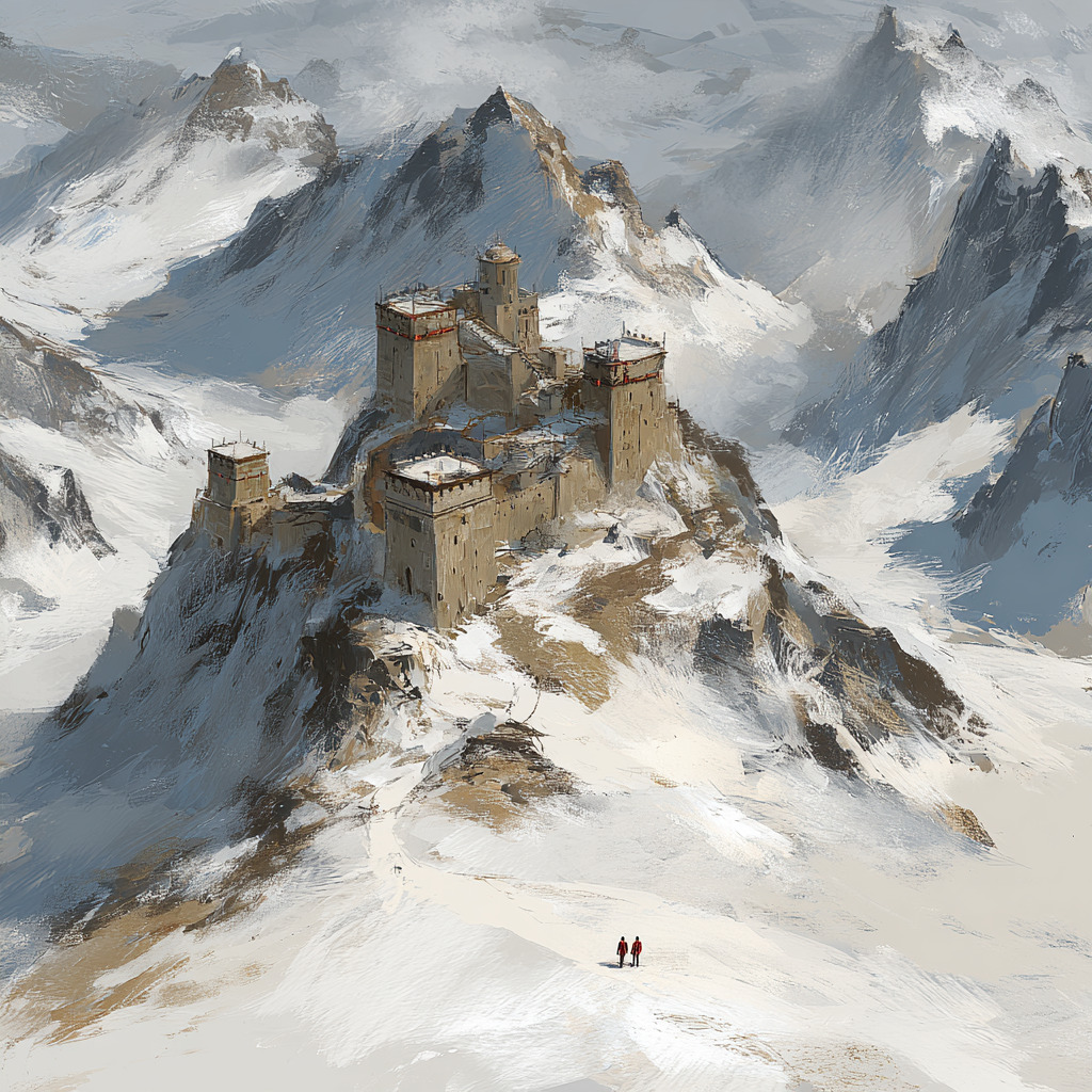 Painting of a castle on a snowy mountain ridge with towering peaks in the background