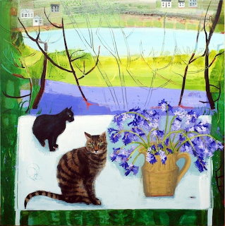Two tabby cats on white table with purple flowers, countryside view through window