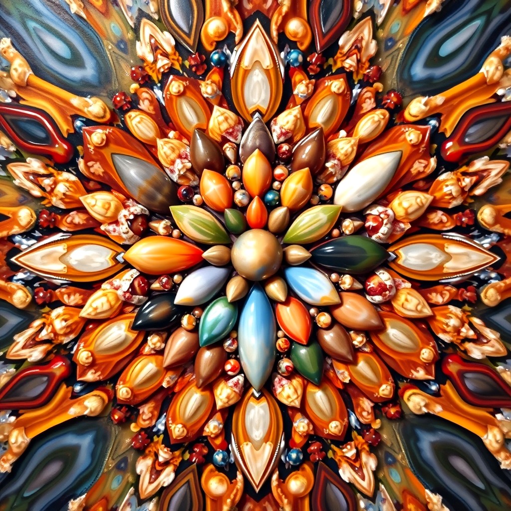 Radial abstract art with glossy shell-like shapes in orange, cream, and blue arranged symmetrically