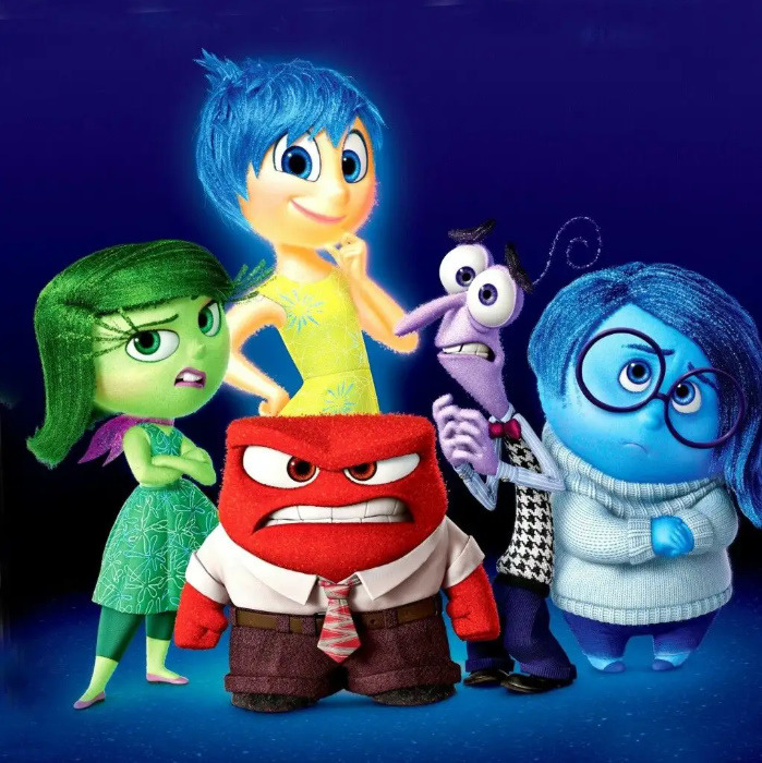 Five colorful emotion characters from Inside Out movie standing in a group