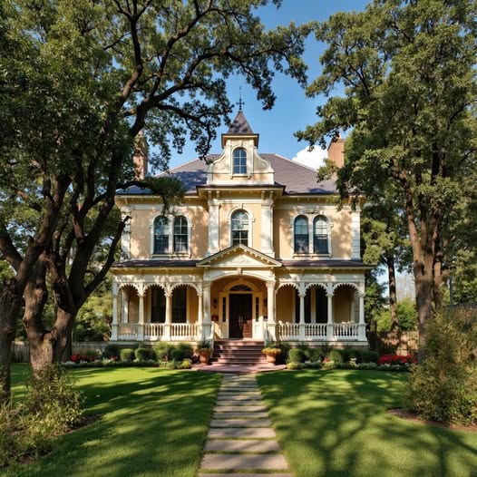 Victorian mansion with cream facade, dark roof, surrounded by large trees and green lawn with stone walkway