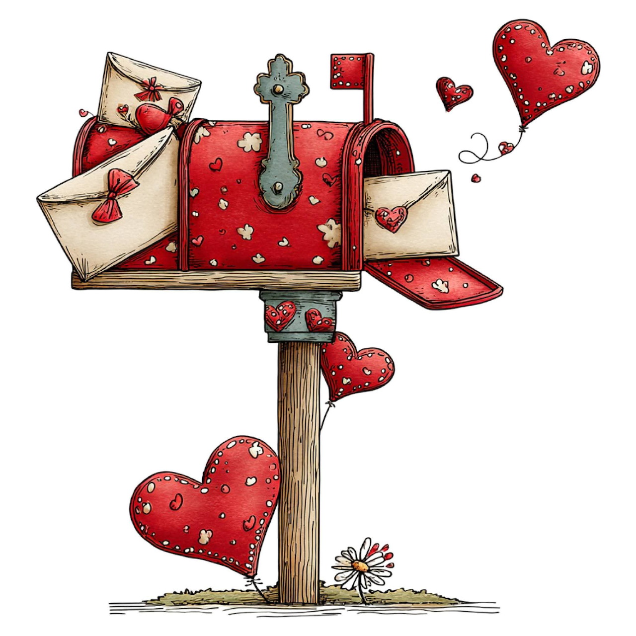 Red mailbox with white polka dots overflowing with letters and Valentine hearts