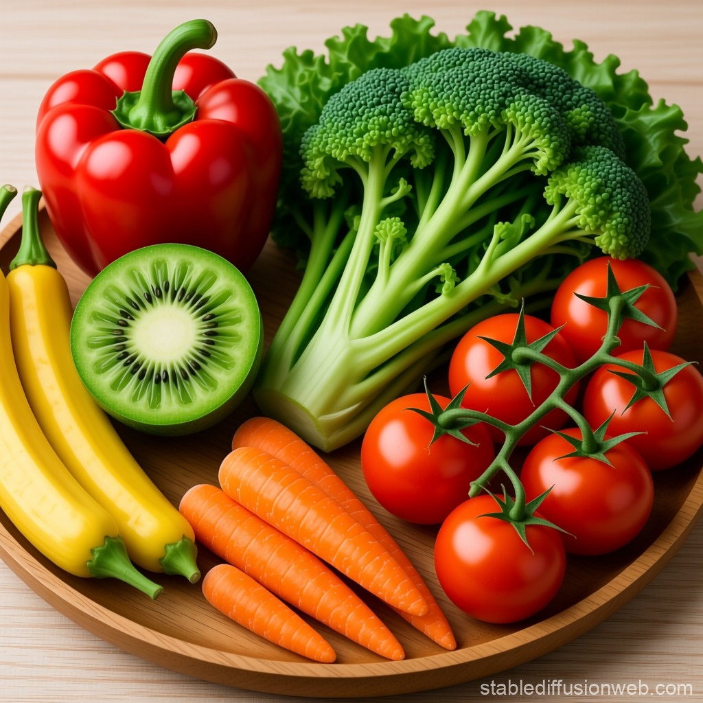 Wooden bowl with broccoli, tomatoes, carrots, red bell pepper, kiwi, and yellow peppers