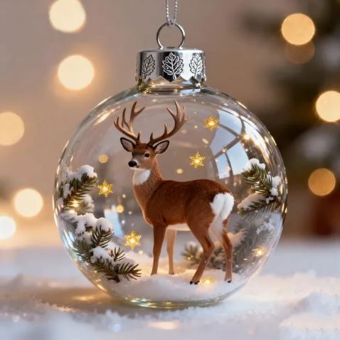 Clear glass Christmas bauble with a deer, pine branches, snow, and golden stars inside
