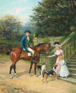 Victorian painting of man on horse talking to woman in pink dress by gate with two dogs in countryside