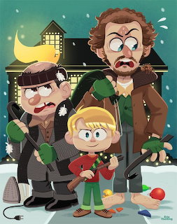 Cartoon showing three characters standing in snowy yard at night with decorated house and Christmas lights behind them
