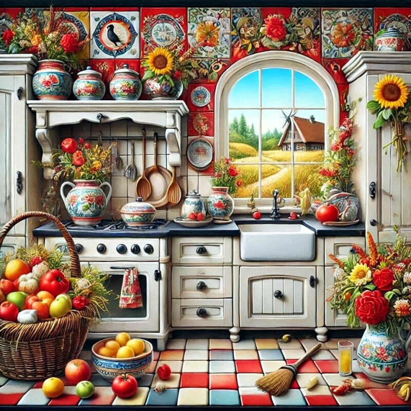 Rustic country kitchen with vintage stove, pottery, flowers, fruit baskets, and checkered floor