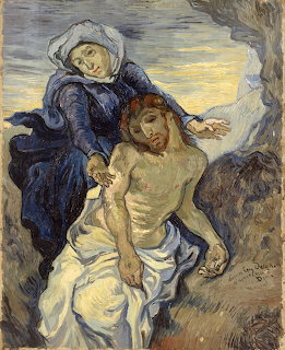 Van Gogh painting of woman cradling figure in white against rocky landscape with golden sky