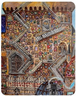 Detailed illustration of Hogwarts moving staircases with numerous portrait frames covering castle walls