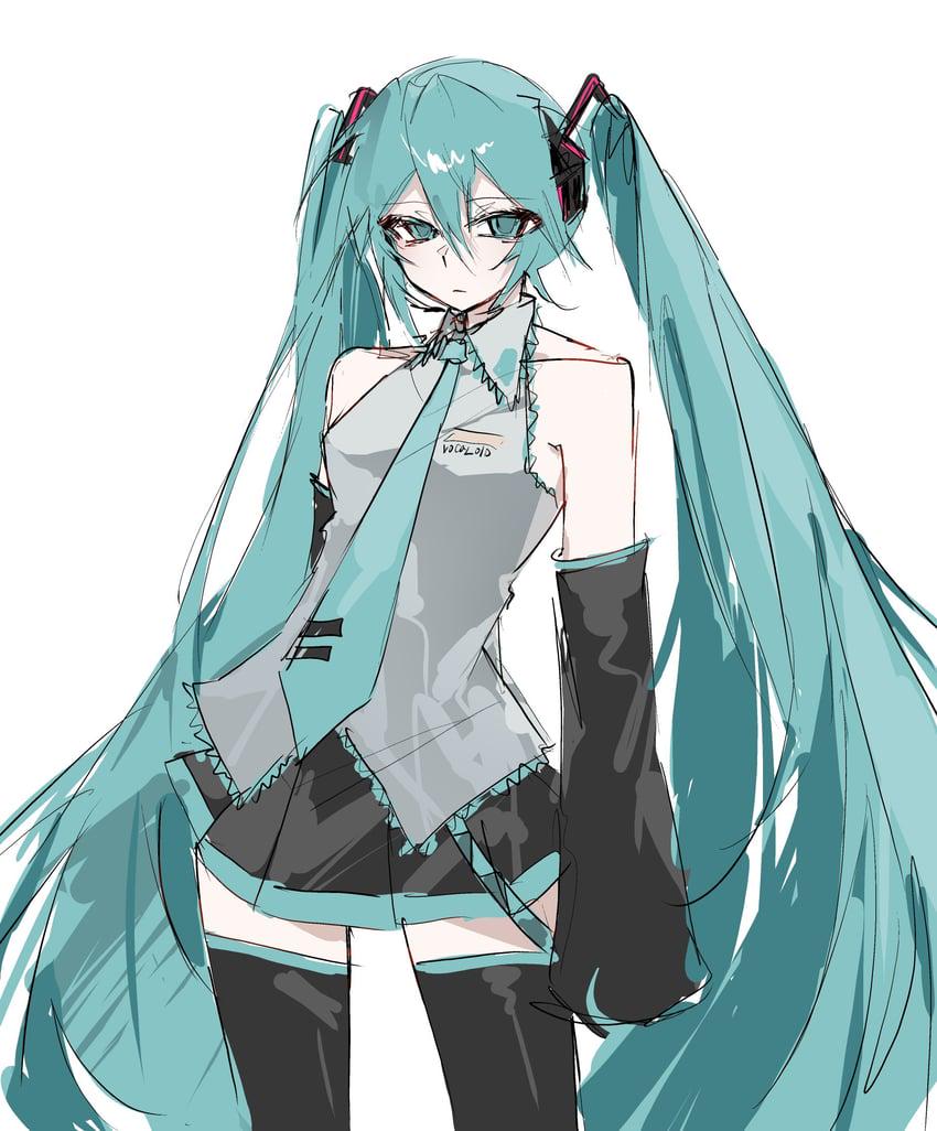 Anime illustration of Hatsune Miku with long teal twin tails and her classic Vocaloid outfit