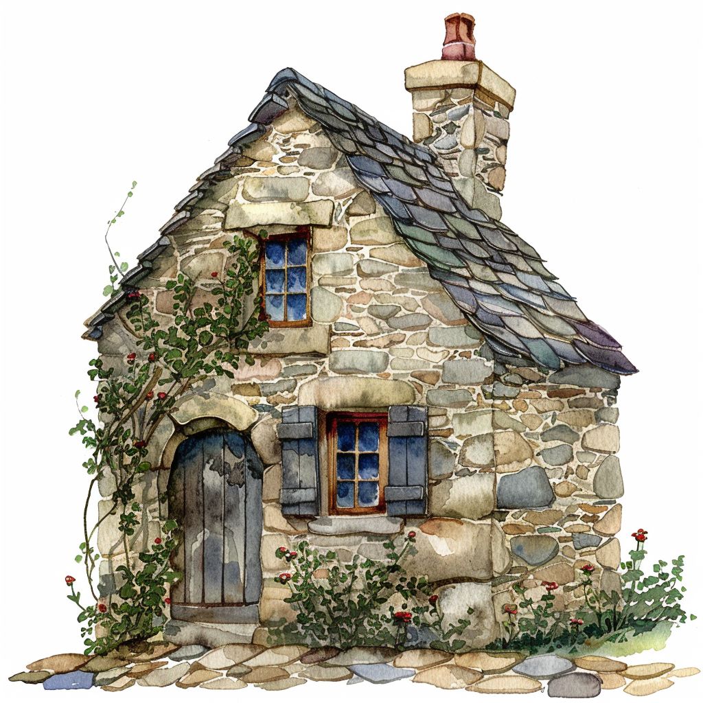 Watercolor painting of a small stone cottage with ivy and tiled roof on white background
