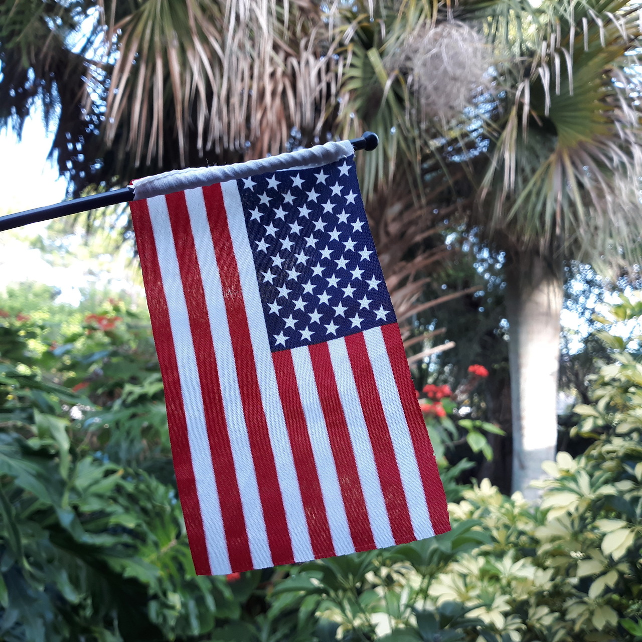 American flag with stars and stripes hanging outdoors among palm trees