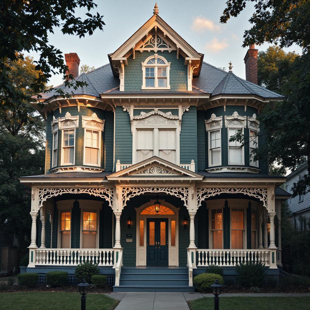 Teal Victorian house with white trim, turret, and wraparound porch framed by trees at twilight