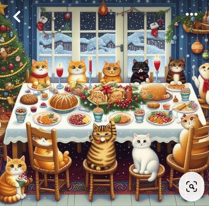 Cats seated at dinner table with Christmas food, decorated tree and snowy night window behind them