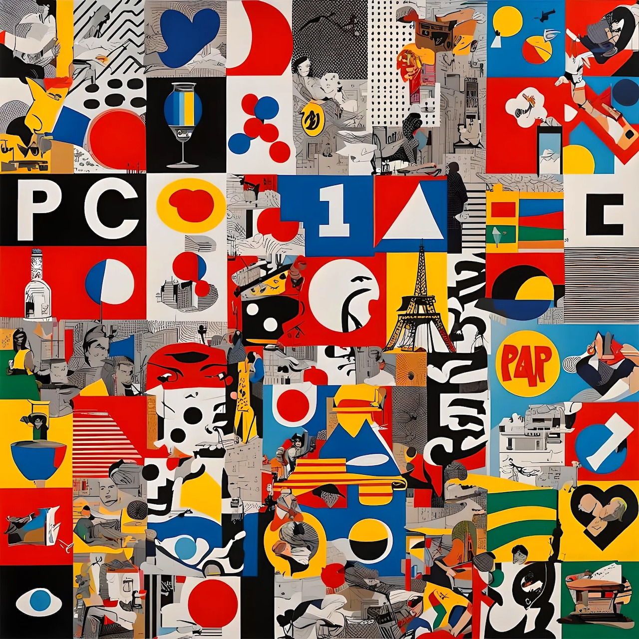 Colorful pop art collage with geometric shapes, letters, numbers, and abstract designs in bold primary colors