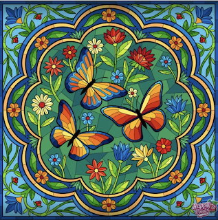 Colorful mandala with butterflies and flowers in decorative stained glass pattern