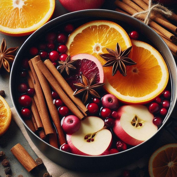 Mulled cider with oranges, apples, cranberries, cinnamon sticks, and star anise in a dark pot