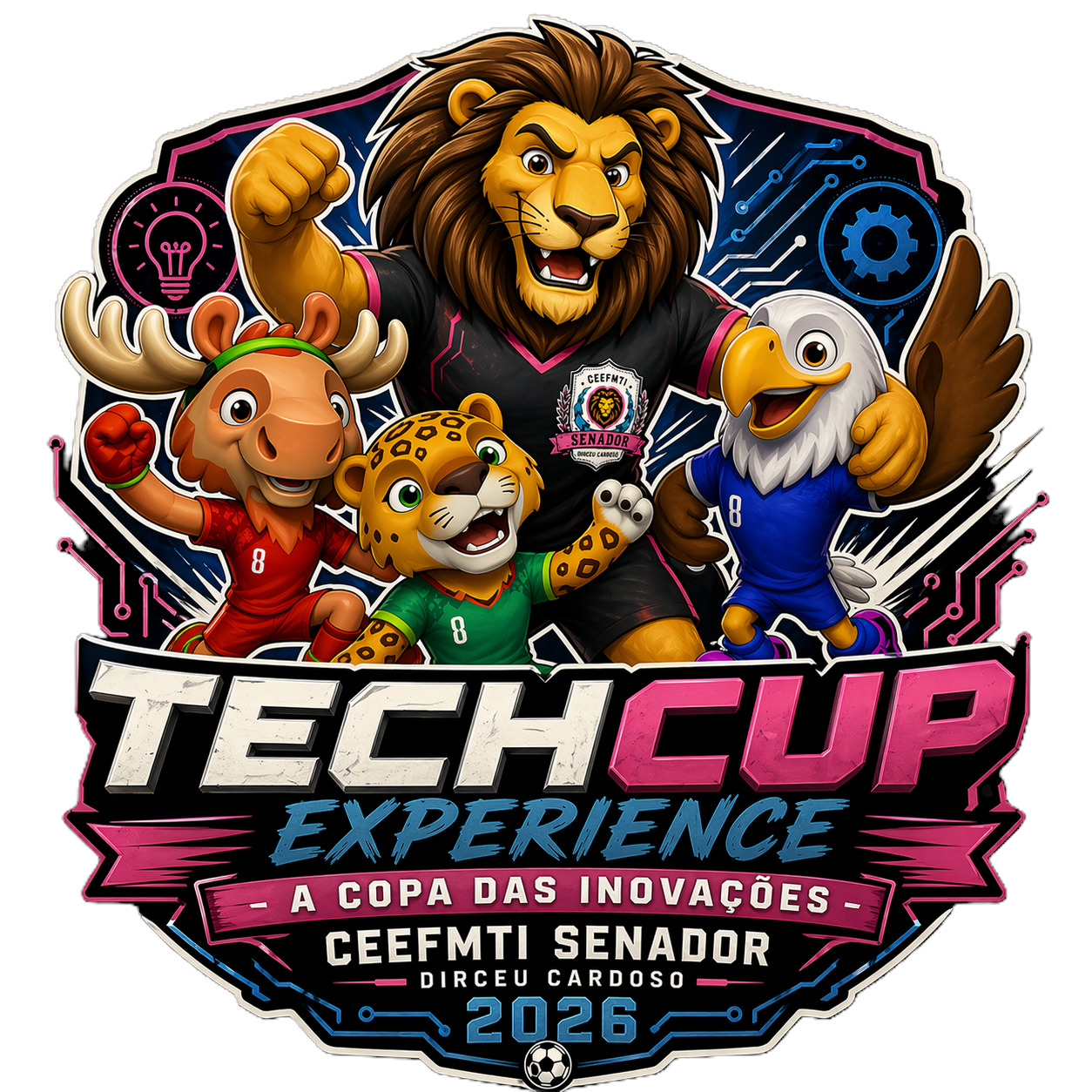 Illustrated TECHCUP EXPERIENCE logo with lion, deer, tiger, and eagle mascots