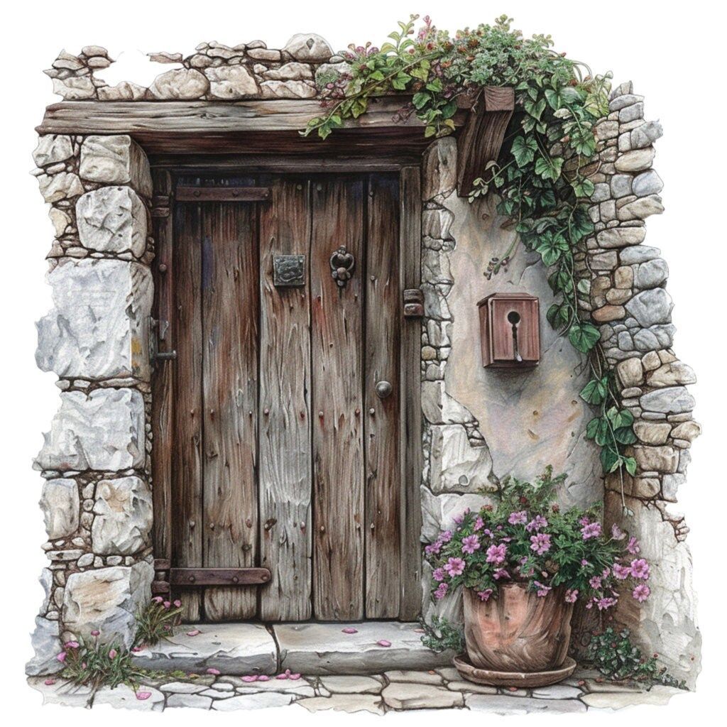 Rustic wooden door in a stone wall with ivy and a pot of pink flowers