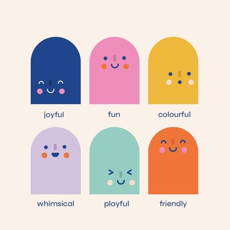 Illustration of six colorful rounded cartoon characters with cute faces and emotion labels