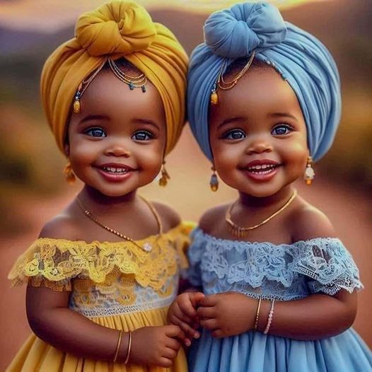 Two smiling young girls in yellow and blue headwraps and matching lace dresses