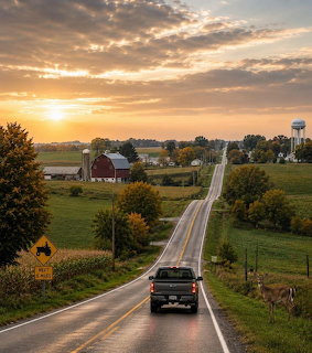 Pickup truck on a country road near a red barn at sunset