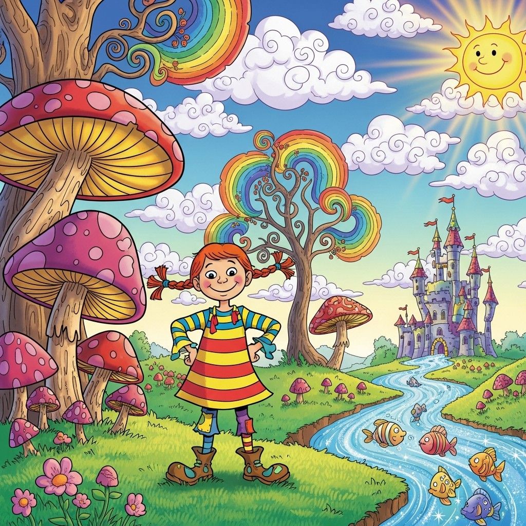 Red-haired girl in striped dress in whimsical landscape with mushrooms, rainbow, and castle