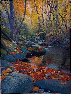 Forest creek with fallen autumn leaves on mosy rocks surrounded by golden and green foliage