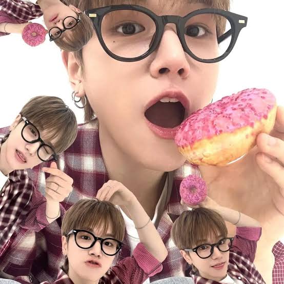 Collage of a young man in glasses holding a pink frosted donut on a white background
