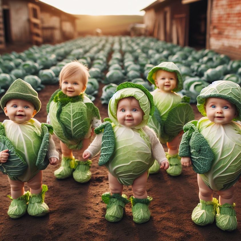 Five babies dressed in cabbage costumes with green leaf hats standing in a cabbage field at golden hour