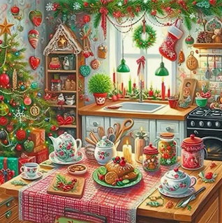 Festive Christmas kitchen with decorated table, holiday food, gingerbread house, wreath, and ornaments
